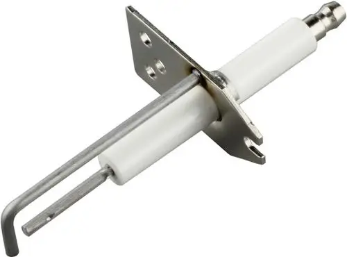 Zündelektrode von Bosch mit metallischem Gehäuse und isolierendem weißen Element. Ausgestattet mit einer Montageschiene und einem Anschluss an das Zündsystem.